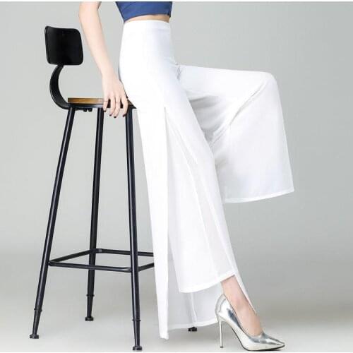Plus Size 6XL Summer Chiffon Trousers Woman Long Wide Leg Trousers Office Lady OL Female Loose Streetwear Side Split Pants