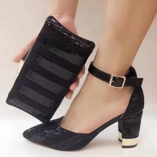 Fashionable black women pumps with sequins decoration african dress shoes match handbag set V073-5,heel 8CM