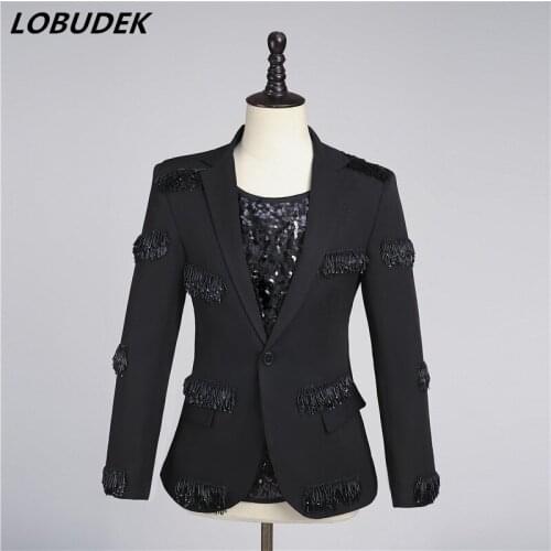 Mens Singer Black Tassel Blazer Stage Dancer Host Magician Suit Jacket Fashion Formal Costume Nightclub Bar Performance Clothes