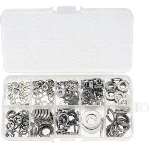 260pcs/box Washer Set M2.5 M3 M4 M5 M6 M8 M10 Stainless Steel Washer Flat Washer Ring Plain Spring Washer Gasket Assortment Kit