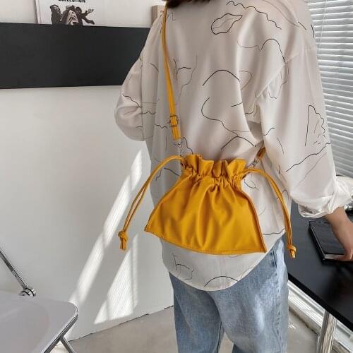 2021 New Vintage Women Pure Color Drawstring Shoulder Crossbody Bag Casual Ladies Daily Shopper Small Purses and Bucket Handbags