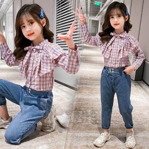 New Girls' Two-piece Girls' Doll Collar Shirt + Denim Pants Fashion Clothes Toddler Girl Clothes Baby Girl Clothes