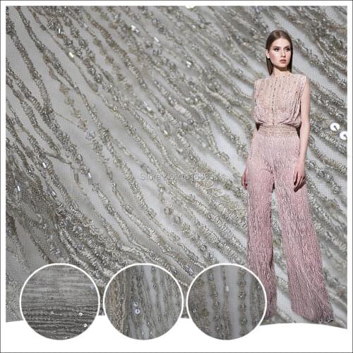 Luxury grey heavy hand work beaed french net lace fabric for fashion show design dress HY0693-3