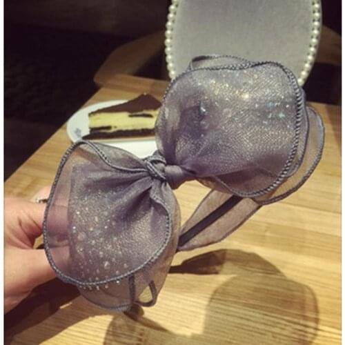 Gray Mesh Bow Hairband Teen Girls Hair Accessories Shiny Hot Drill Rhinestones Bowknot Headband Women Headdress Hair Bow Hoop