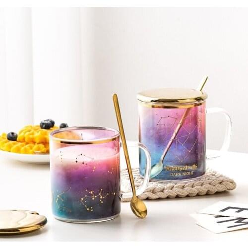 Star glass mug Change Colour Cartoon coffee mug Milk Mugs With Spoon & Cover Starry sky Thermos glasses for Student Drinking