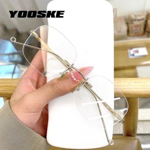 YOOSKE Rectangle Rimless Eyeglasses for Women Fashionable Brand Anti Blue Light Glasses Frames Transparent Optical Frame