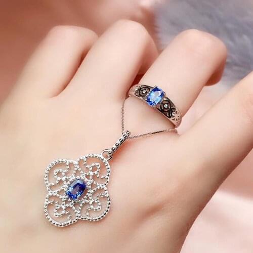 Anniversary Best Gift Real Natural Sapphire jewelry set Natural Real Sapphire 925 sterling silver 1pc pendant,1pc ring