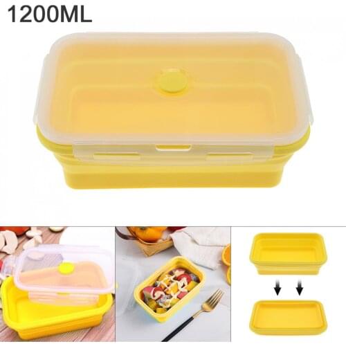 Yellow 1200ML Portable Rectangle Silicone Scalable Folding Lunchbox Bento Box with Silicone Sealing Plug for -40~230 Centigrade