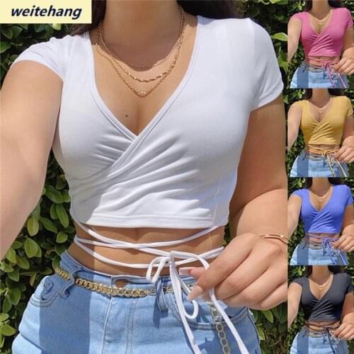 New Summer Solid V Neck T Shirts Women Short Sleeve Short Tops Ladies Casual Sexy Ultra Short Low-cut Tees Female Shirts 71