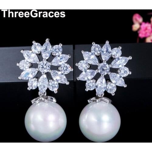 ThreeGraces New Fashion Cubic Zirconia Crystal Big Marquise Cut Flower Pearl Wedding Party Stud Earrings Jewelry for Women ER067