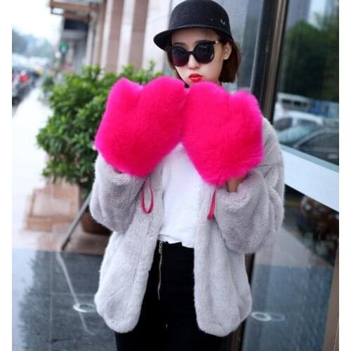 Womens autumn winter thicken warm faux fur glove ladys fashion faux fox fur mitten R2350