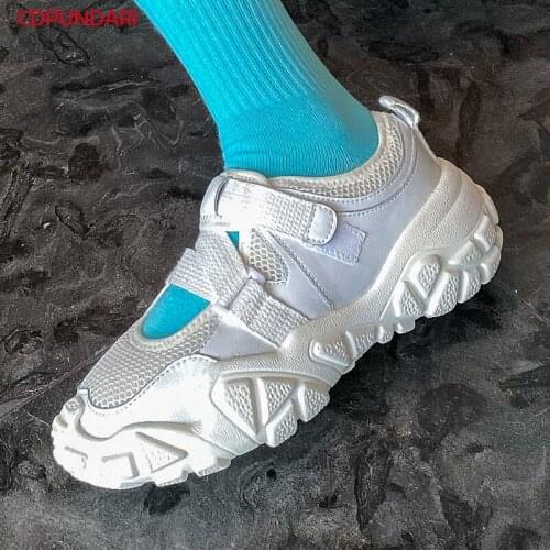 2021 White Mesh Splicing Genuine Leather Flat Platform Sneakers Shoes Women Spring Summer Lace Up Casual Flats Ladies Popular