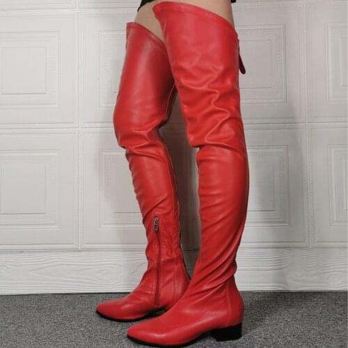 Red Pointy Toe Flat Shoes Boots Low Chunky Heel Back Zipper Womens Fashion Over Knee High Boots Long Big Size 47