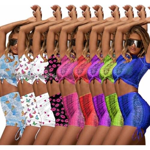 Adogirl 2020 Women Summer Print Short Sleeve Shirt Casual Two Piece Set Dress Sexy Middle Collar Lace Up Mini Skirt Tracksuit