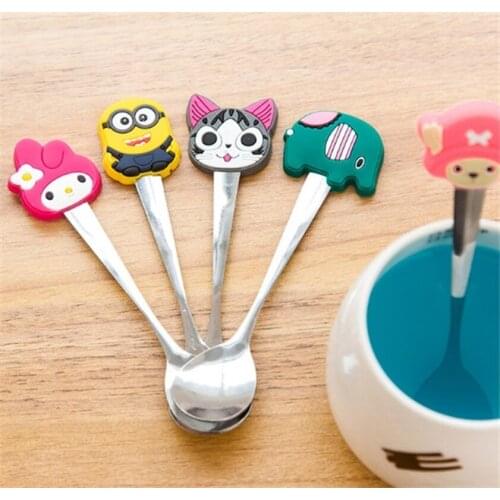1PC Cartoon Cat Stainless Steel Long Stirring Spoon Fruit Fork Coffee Stainless Steel Spoon with Silicone Cute Cat Handle