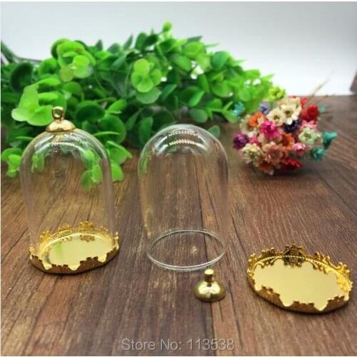 20sets/lot 38*25mm tube glass globe gole color crown base with 8mm metal cap glass vial pendant fashion glass pendant glass dome