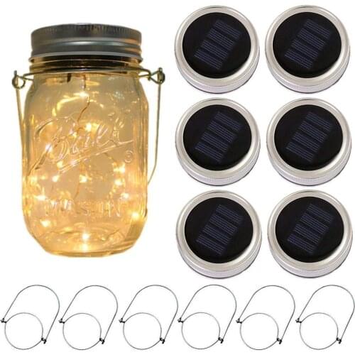 6pcs/lot Solar-powered Mason Jar Lights 20 LEDs Warm White Glass Waterproof Fairy Hanging Lighting for Patio Lamp Decor