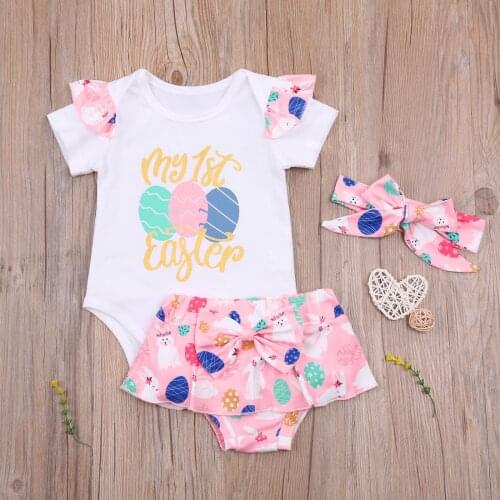 Newborn Baby Girls Clothes Set Easter Printed 3Pcs Romper Set Ruffled Short Sleeve Bodysuit+Shorts+Headband