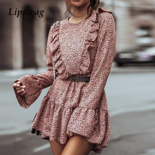 Elegant Elastic Waist Slim Mini Dress 2021 Spring Women Fashion Leopard Print A-Line Dresses Ladies Flare Sleeve Ruffle Vestidos