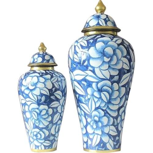 Jingdezhen Porcelain temple jar Chinese Style Blue And White Gold Painting With Cover ceramic Ginger jar vase