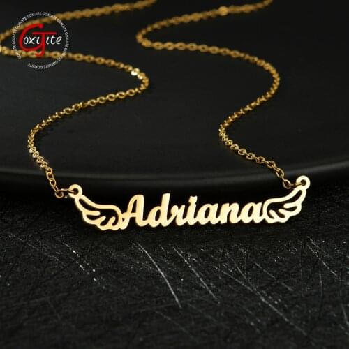Goxijite Name Necklace With Wing For Women Custom Stainless Steel Gold Nameplate Pendant Choker Necklaces Best Birthday Gift