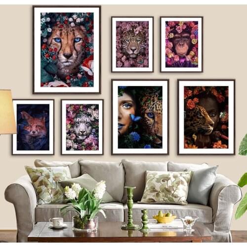 Leopard Tiger Orangutan Fox Girl Rose Wall Art Canvas Painting Nordic Posters And Prints Wall Pictures For Living Room Decor