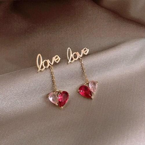 Korea Japanese Sweet Crystal Heart Drop Earrings Love Shape Resin Spring Chain Ear Jewelry Dangle Earrings for Women Statement