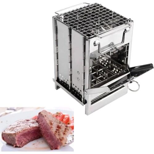 Camping Stove Mini Outdoor Firewood Stove Camping Cooking Picnic Travel Stainless Steel Square Wood Stove Charcoal Folding Grill