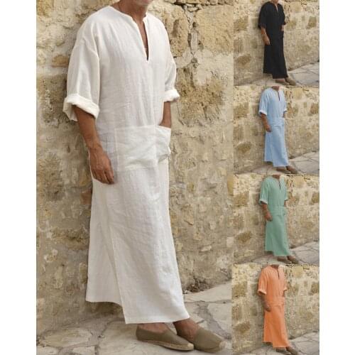 Islamic Traditional Jubba Thobe Men Abaya Linen Muslim Robes Dubai Arabic Kaftan Clothing Qamis Homme Arab Turk Gown Hijab Dress