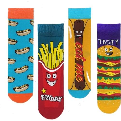 Men Socks Funny Cute Cartoon Fruits hamburger Egg Cookie Donuts Food Happy Japanese Harajuku skateboard Socks