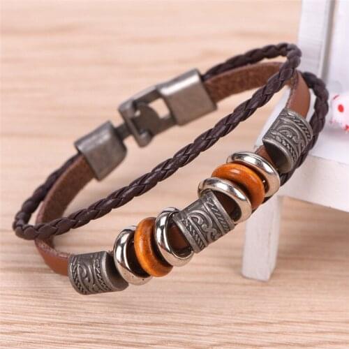 Men Bracelet Casual Handmade Beaded Bracelets Easy Hook Brown Leather Hand Braided Vintage Punk Jewelry