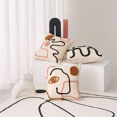 Abstract Lines Cushion Cover 45x45cm Polyester Cotton Black Stripe Throw Pillow Cover Rope Embroidered For Living Room Bed Room