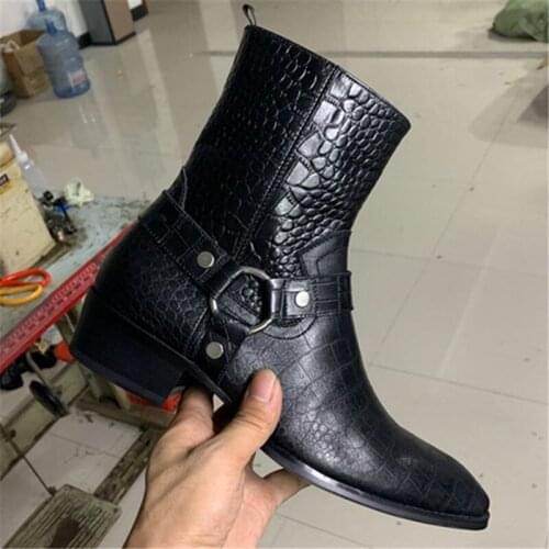 New 2020 Crocodile pattern Cowhide buckle Strap cowboy wedge Chelsea Boots