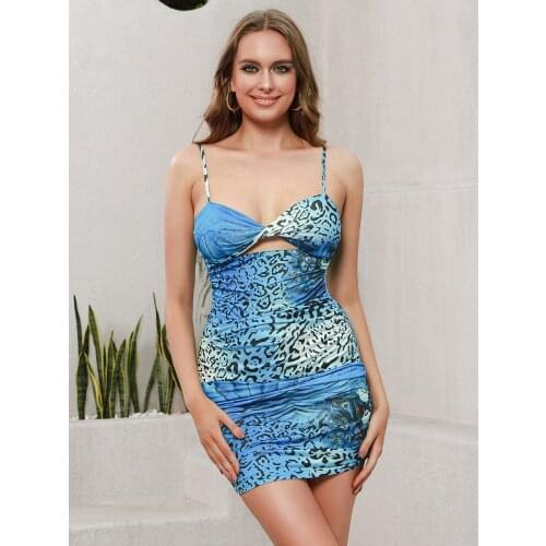 2021 new blue print polka dot sexy hollow sling mini dress youthful charming temperament party boutique girl wind bag hip dress