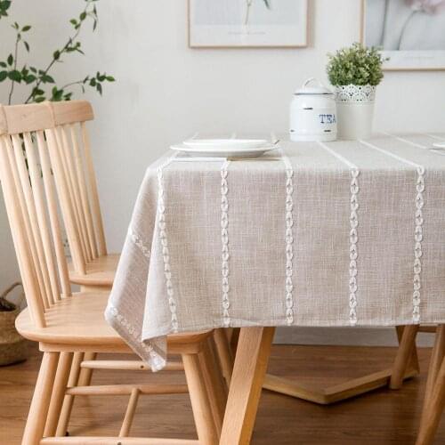 Solid with embroidery Table Cloth Cotton Linen Wrinkle Free Anti-Fading Tablecloths Washable Table Cover for Kitchen Dinning