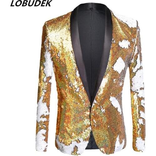 Plus Size Mens Gold White Double Color Sequins Blazers Singer Bar Nightclub Stage Performance Suit Jacket Wedding Host Costume