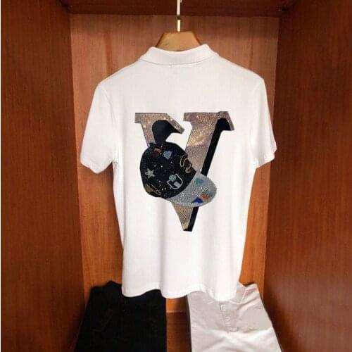 Fashion Business High Quality Casual Polo Shirt Cartoon Letters Hot Drilling New Mens Short Sleeve