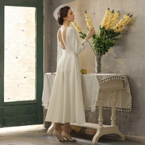 Light Wedding Dress Spring And Summer 2021 Graduation Prom Dress Engagement Wedding Dress Soft Satin Mid-Length Long-Sleeved