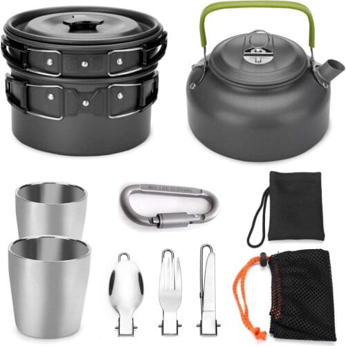 Outdoor Portable Cookware Mess Kit Camping Hiking Picnic Teapot Pot Set Carabiner Camping Cookware Stove With Tea Cup Coffee Cup