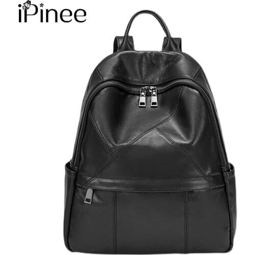 IPinee Vintage Backpack Woman Genuine Leather Travel Bags Female Zipper Laptop Lady Patchwork Shoulder Bag For School