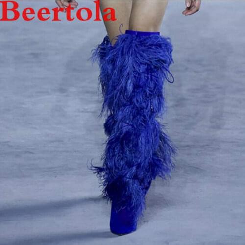 Flock Womens Long Boots Runway Stage Performance Large Size Model Boots Women Feather Pointed Toe Spike Heels Chaussures Femme