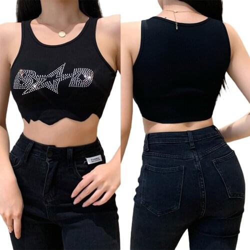 Womens Rhinestone Tank Tops Trendy Sleeveless Round Neck Slim Fit Rib Knit Crop Tops