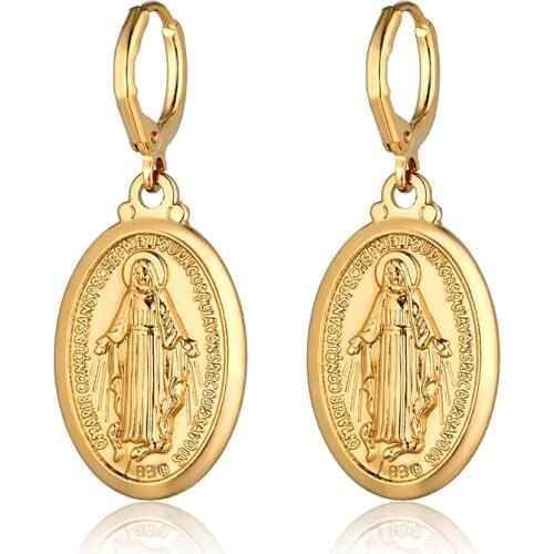 Gold Color Virgin Mary Cross Drop Dangle Earrings For Women Wholesale Ladies Earrings Religious Christian Jewelry Brincos