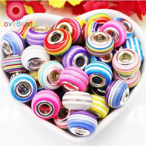 10Pcs Large Hole Rainbow Striped Spacer Loose Beads Charms Silver Plated Core Fit European Pandora Bracelet Snake Chain Jewelry