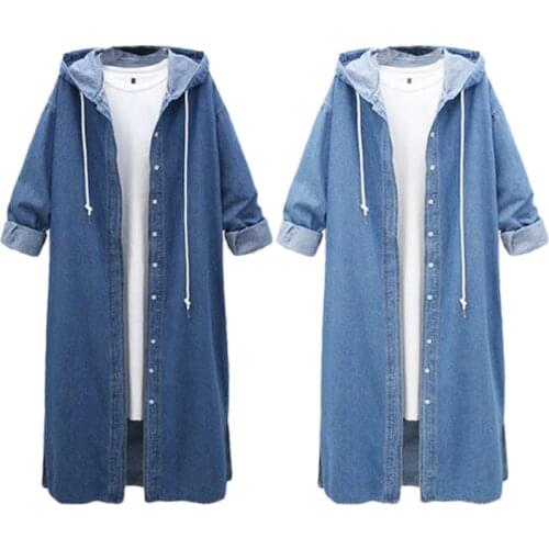 2021 Spring New Loose Hooded Jeans Overcoat Korea Womens Long Denim Coats Casual Plus Size Denim Female Windbreaker Jacket 4XL