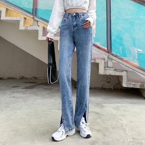 2021 Vintage High Waist Straight Jeans For Women Y2K Summer Blue Split Denim Pants Casual Spring Trousers 6721