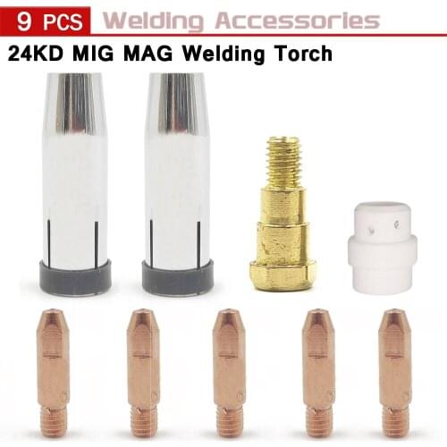 9Pcs 24KD Welding Torch Consumables 0.8mm 0.9mm 1.0mm 1.2mm MIG Torch MB 24KD Gas Tip Holder Gas Diffuser Nozzle