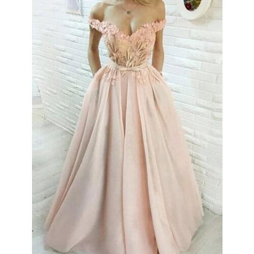 Flowers Appliques Off Shoulder Prom Dresses 2021 Sleeveless Ball Gown Formal Evening Dress Robe De Soiree