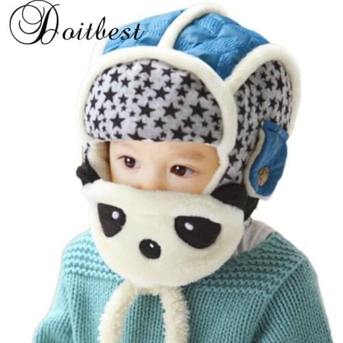 Doitbest 2 to 6 Y Baby boy Bomber hat Thicken cartoon panda Winter Beanies fur inside Child hats kids girls Earflap Caps