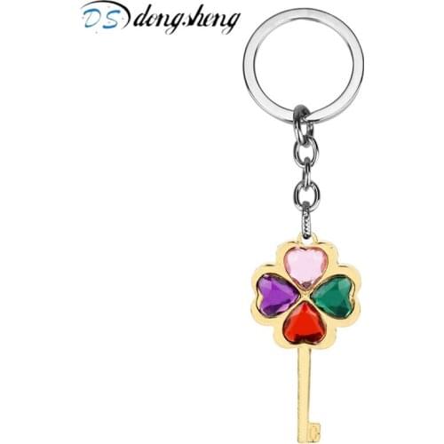 Dongsheng Fashion Jewelry Four Leaf Keychain Cute Creative Beautiful Colorful Leaf Clover Lucky Crystal Heart Key Chain Rings